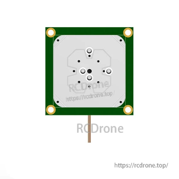 Top view of square GNSS antenna PCB with four corner mounting holes (render)
