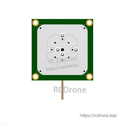 Top view of square GNSS antenna PCB with four corner mounting holes (render)