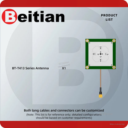 Package contents graphic: BT-T413 series antenna x1 with coax cable and MCX connector (customizable)