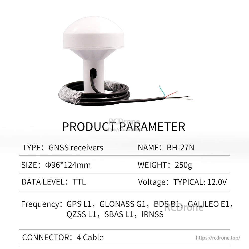 Product parameter table for BH-27N GNSS receiver, TTL 4-wire cable lead, 12V typical