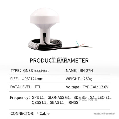 Product parameter table for BH-27N GNSS receiver, TTL 4-wire cable lead, 12V typical