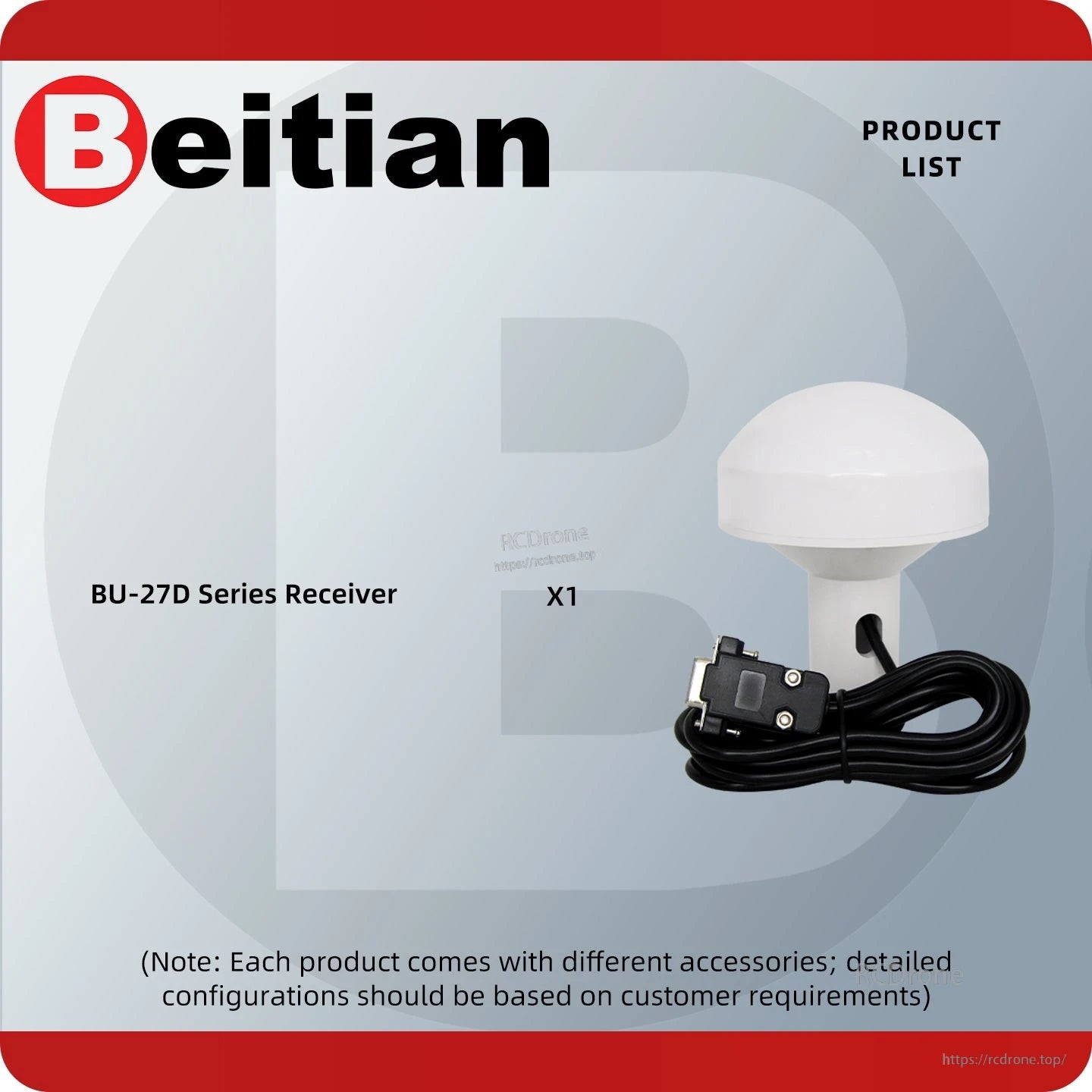 BU-27D series receiver product list graphic showing one antenna unit and cable