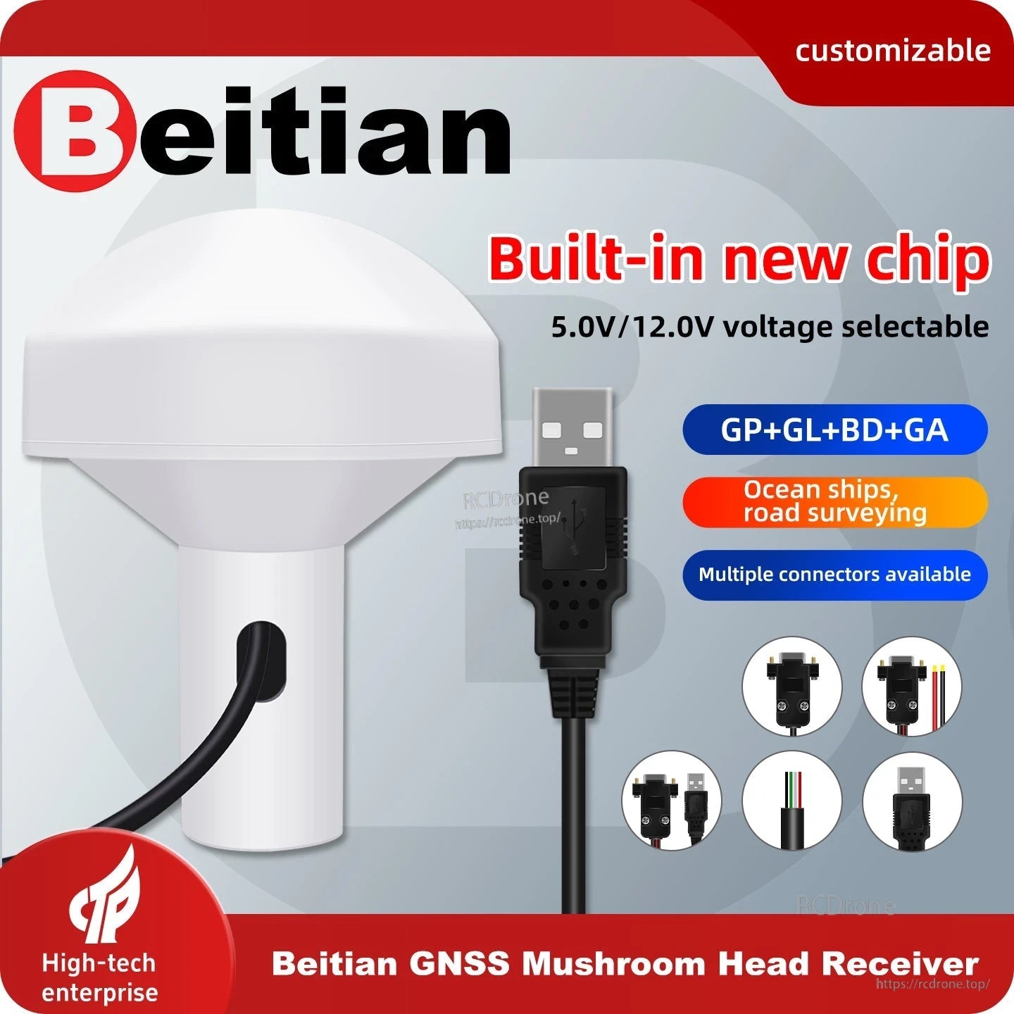Beitian GNSS mushroom head receiver promo graphic with USB connector and multi-constellation icons