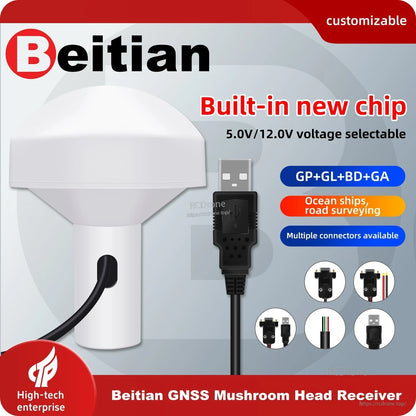Beitian GNSS mushroom head receiver promo graphic with USB connector and multi-constellation icons