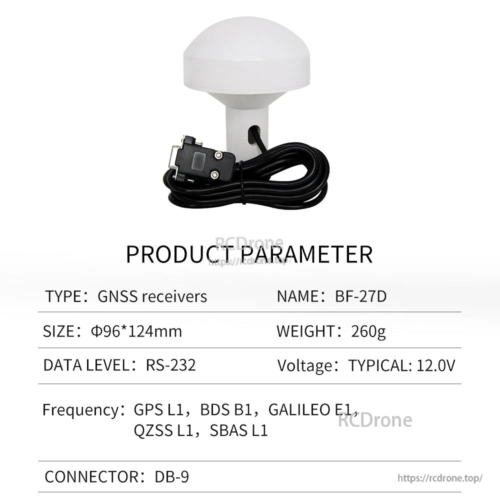 Product parameter table for BF-27D GNSS receiver, RS-232 DB9 connector, 12V typical