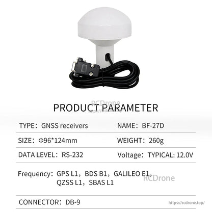 Product parameter table for BF-27D GNSS receiver, RS-232 DB9 connector, 12V typical