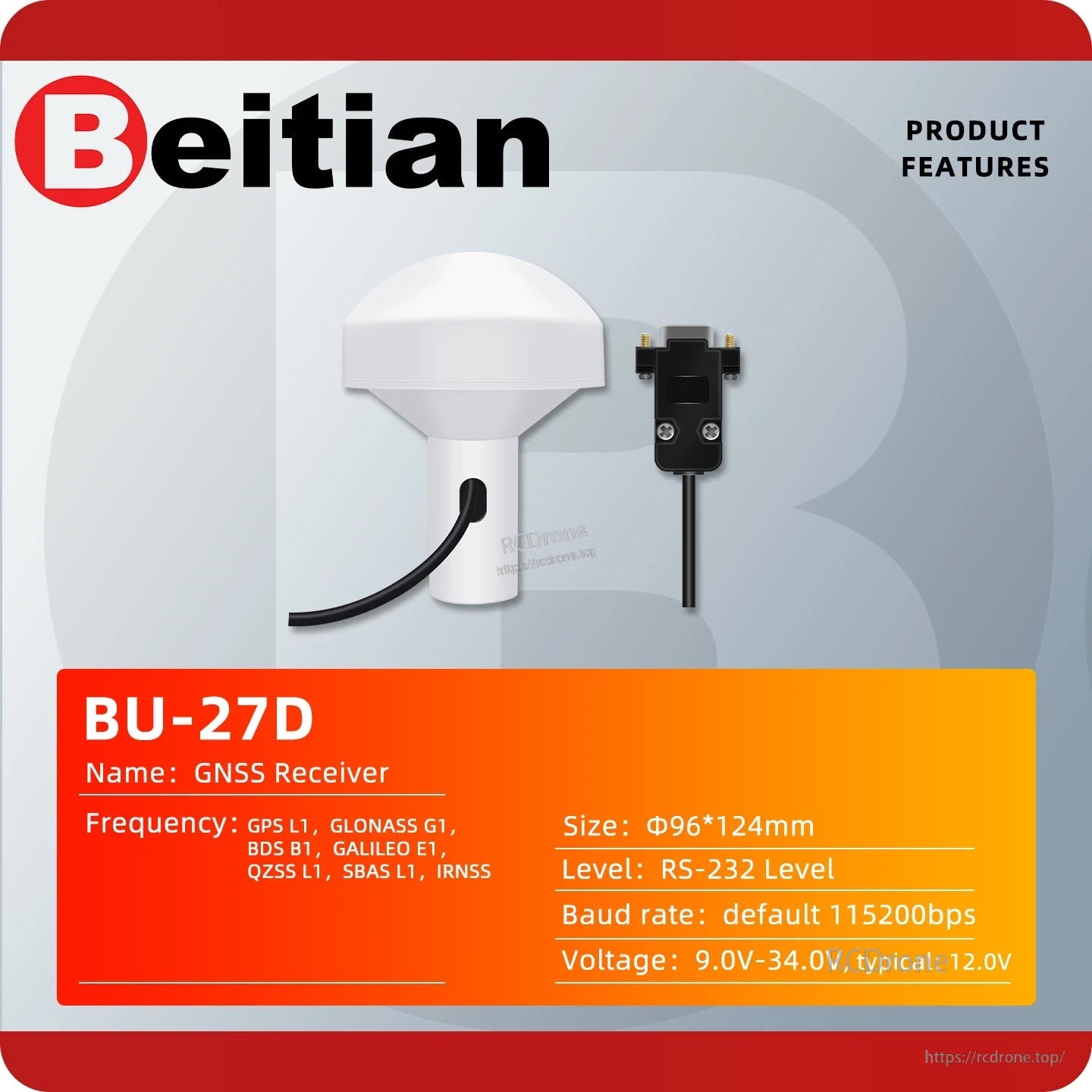 Beitian BU-27D GNSS receiver product features graphic showing antenna and DB9 cable