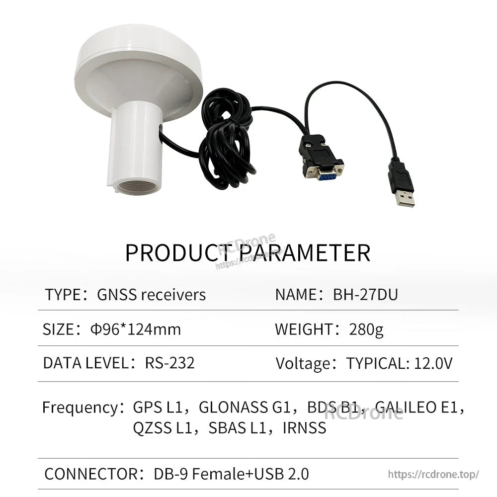 Product parameter table for BH-27DU GNSS receiver with DB9 female to USB 2.0 cable, 12V typical