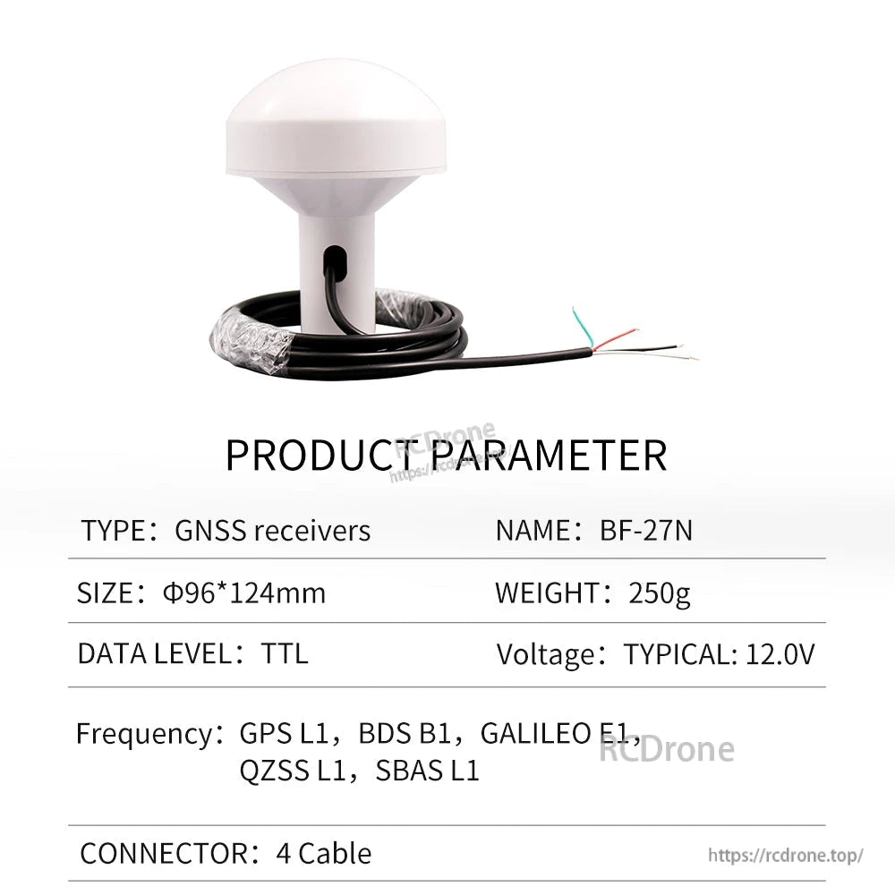 Product parameter table for BF-27N GNSS receiver, TTL 4-wire cable lead, 12V typical