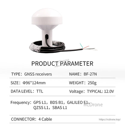 Product parameter table for BF-27N GNSS receiver, TTL 4-wire cable lead, 12V typical