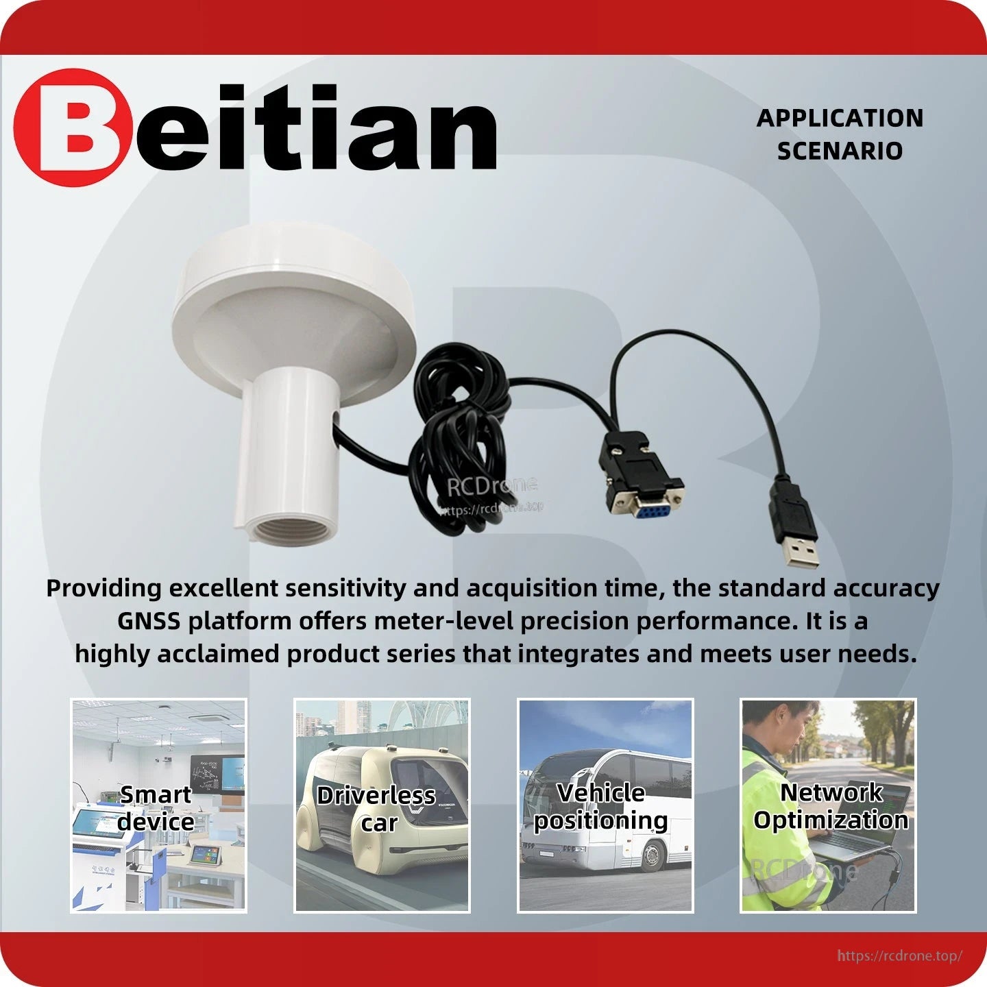 Beitian GNSS receiver application scenario graphic showing antenna with DB9 and USB leads