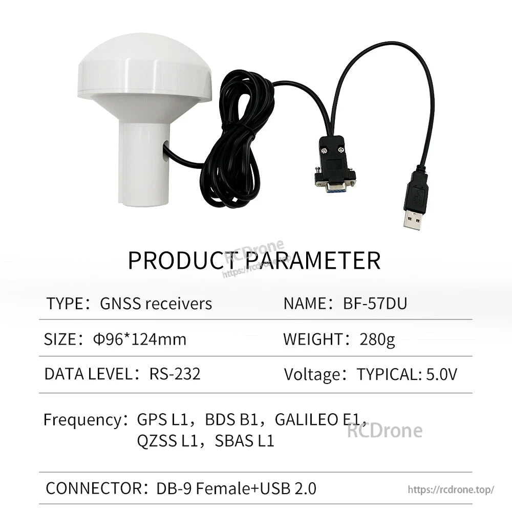 Product parameter table for BF-57DU GNSS receiver with DB9 female to USB 2.0 cable, 5V typical