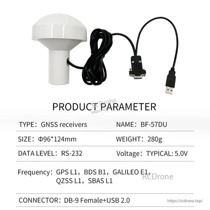 Product parameter table for BF-57DU GNSS receiver with DB9 female to USB 2.0 cable, 5V typical