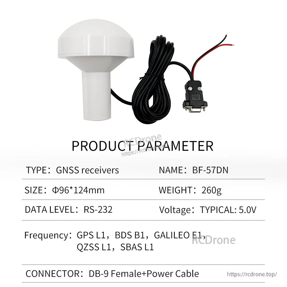 Product parameter table for BF-57DN GNSS receiver with DB9 female and power cable, 5V typical