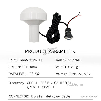 Product parameter table for BF-57DN GNSS receiver with DB9 female and power cable, 5V typical