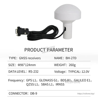 Product parameter table for BH-27D GNSS receiver, RS-232 DB9 connector, 12V typical