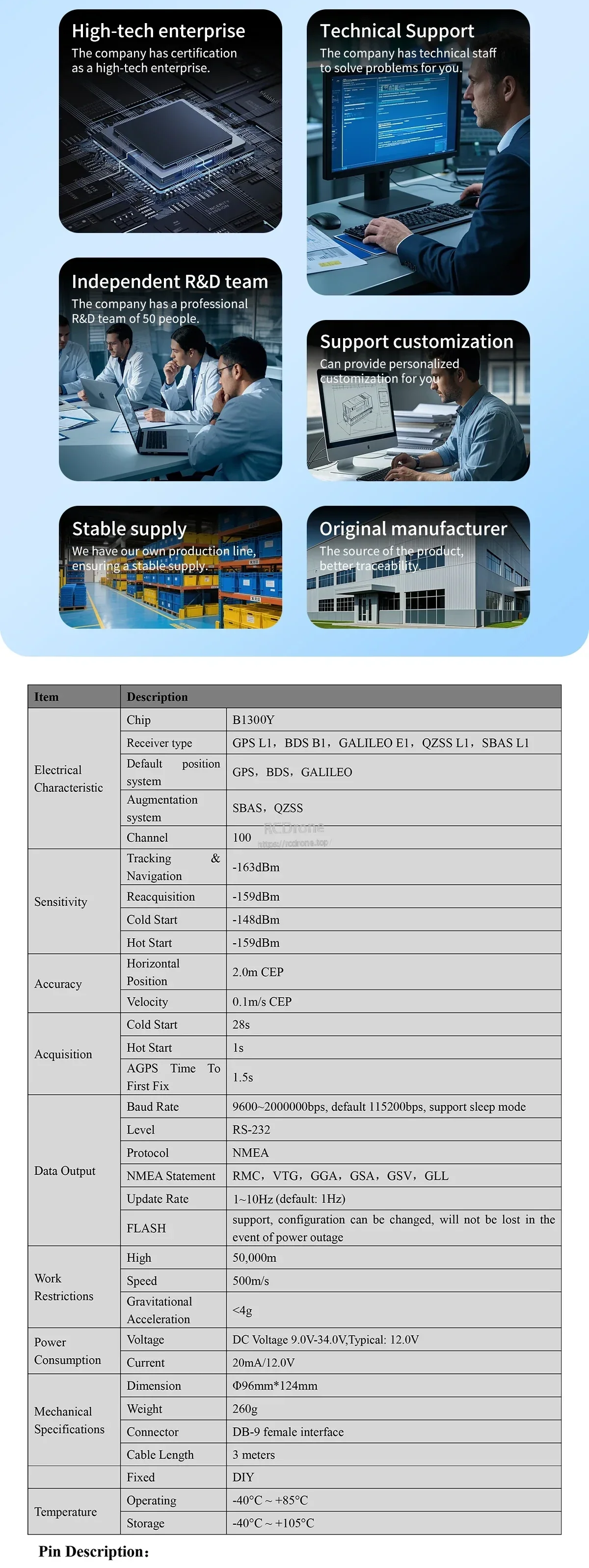 Beitian BV-57D product highlights (R&D, customization, stable supply) with key specification table