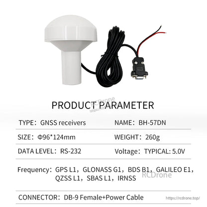 Beitian BV-57D marine GNSS receiver antenna with DB9 RS-232 connector, power cable, and BH-57DN parameters