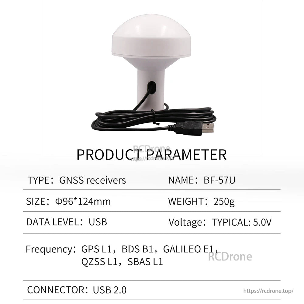 Product parameter table for BF-57U GNSS receiver with USB 2.0 connector, 5V typical