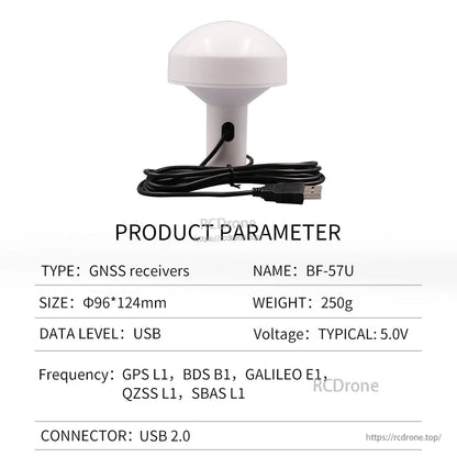 Product parameter table for BF-57U GNSS receiver with USB 2.0 connector, 5V typical