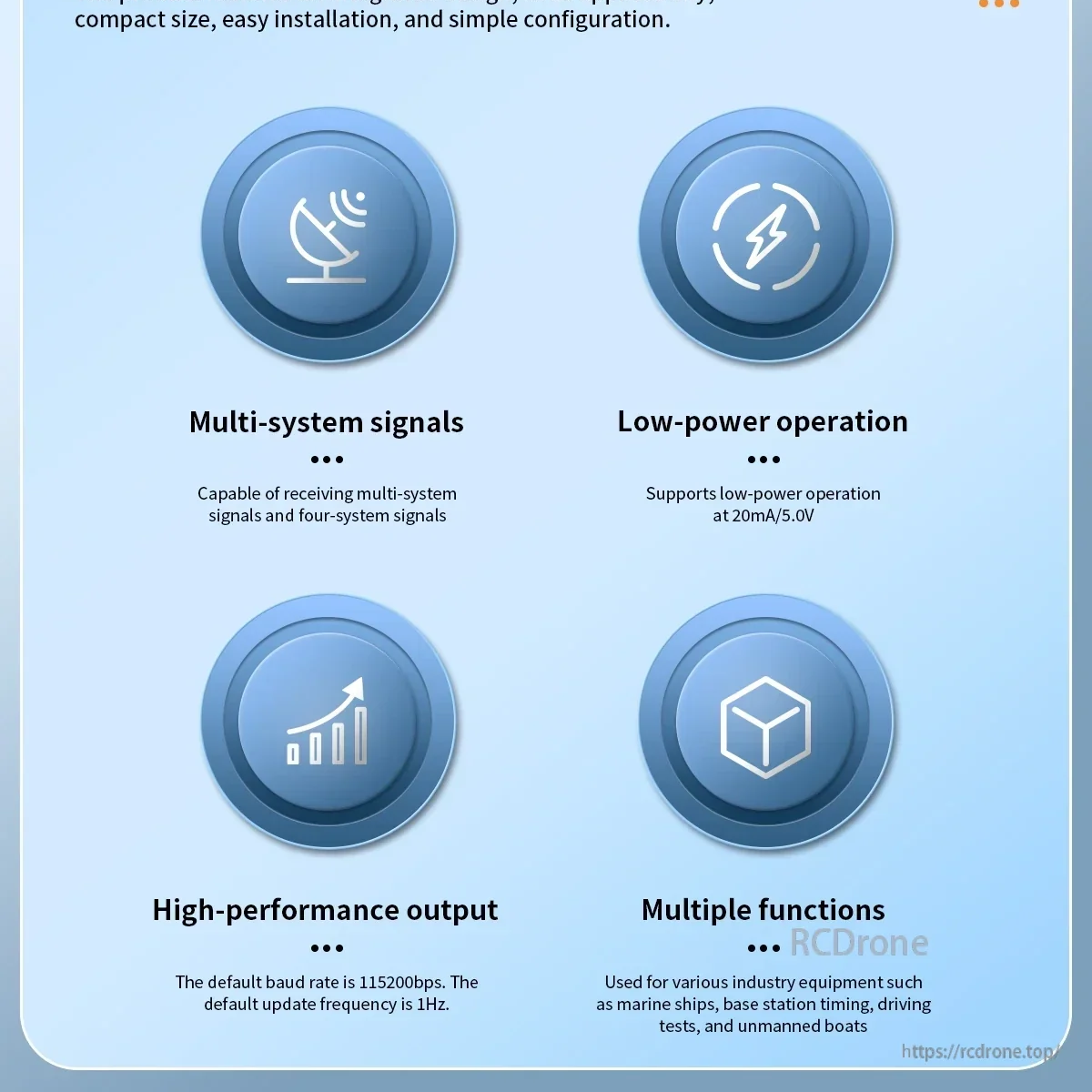 BV-57D feature icons for multi-system GNSS signals, low-power operation, high-performance output, multiple uses