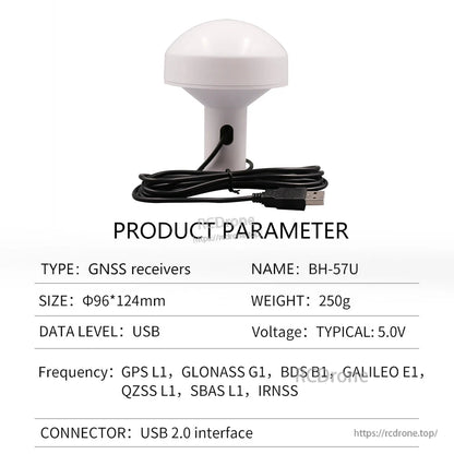 Beitian BH-57U GNSS receiver dome antenna with USB 2.0 cable; Φ96×124 mm, 250 g, 5.0 V typical