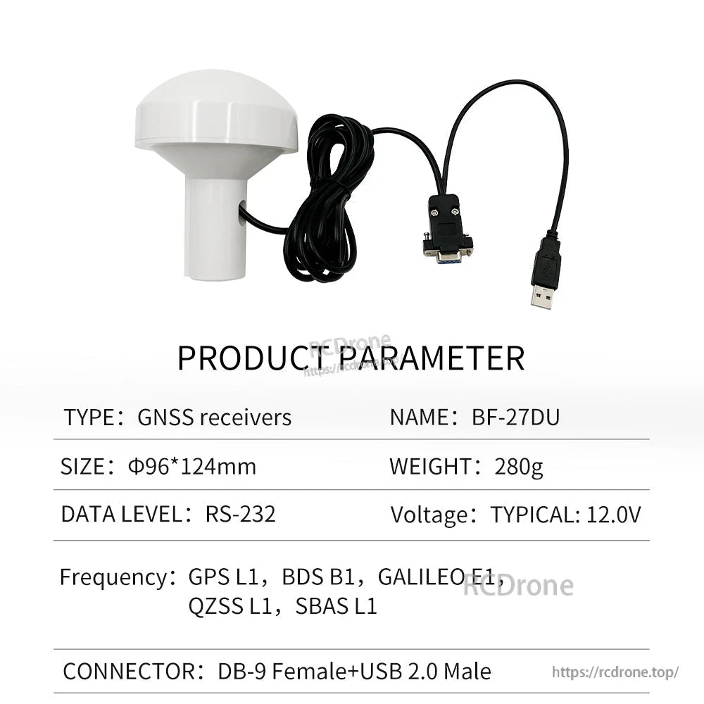 Product parameter table for BF-27DU GNSS receiver with DB9 female to USB 2.0 male cable