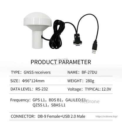Product parameter table for BF-27DU GNSS receiver with DB9 female to USB 2.0 male cable