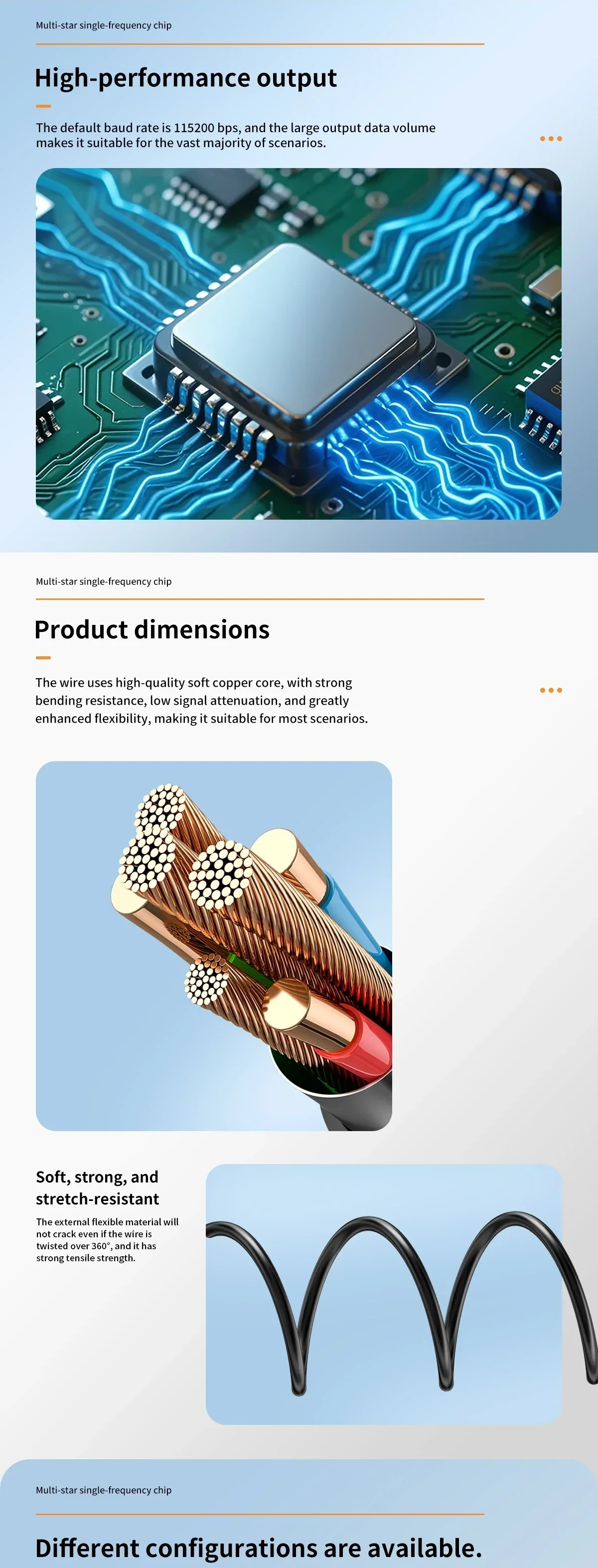 High-performance output and product dimensions graphic with cable construction close-ups