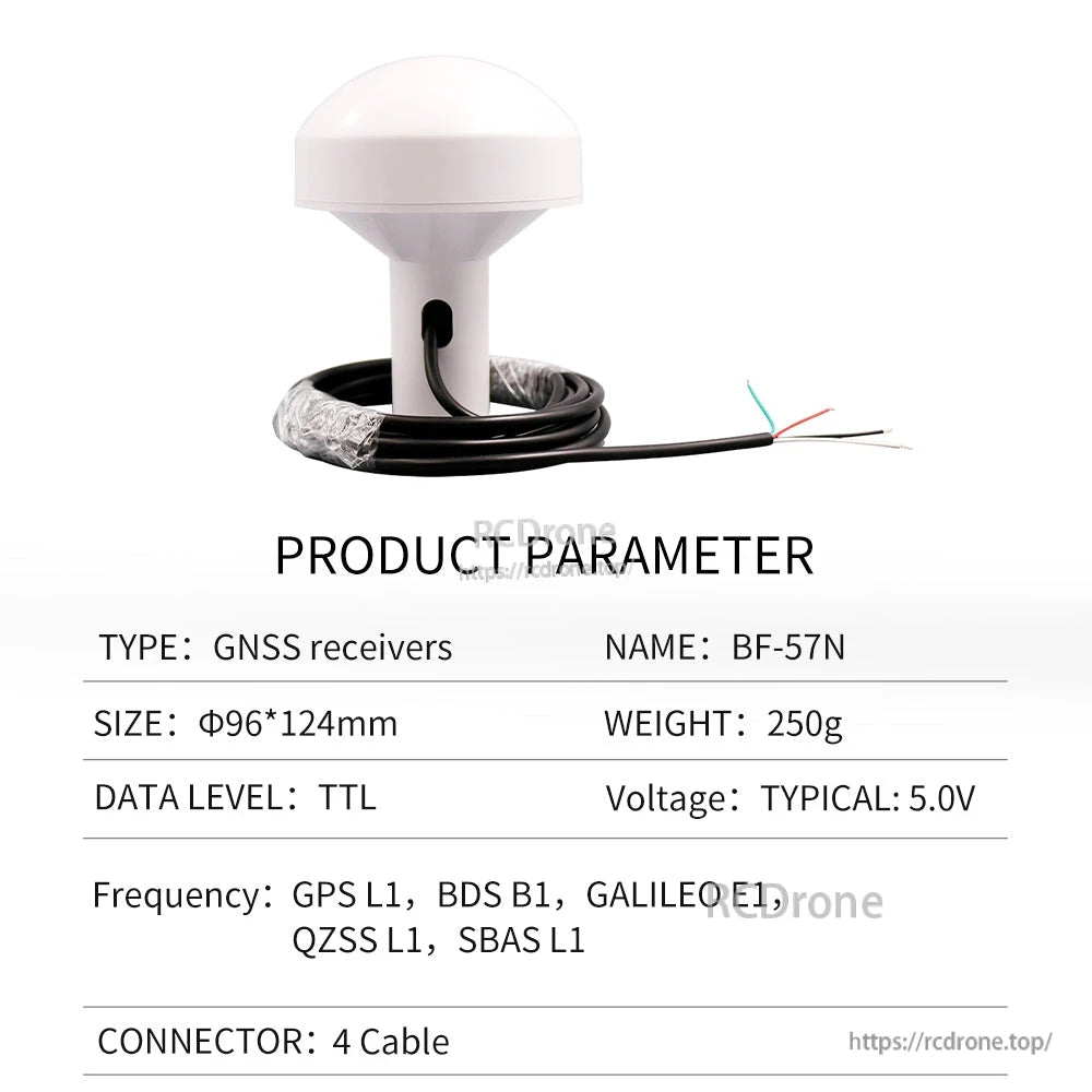 Product parameter table for BF-57N GNSS receiver, TTL 4-wire cable lead, 5V typical