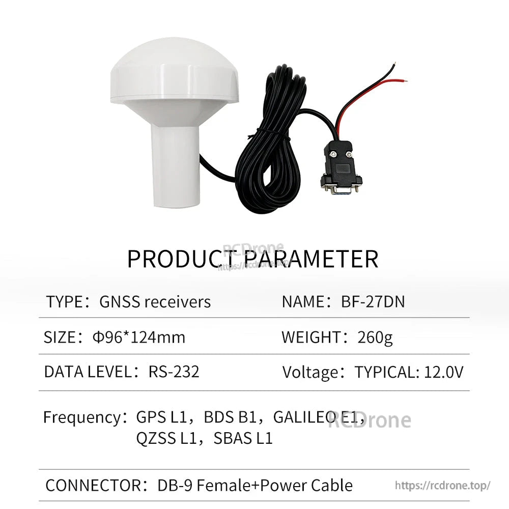 Product parameter table for BF-27DN GNSS receiver with DB9 female and power cable, 12V typical