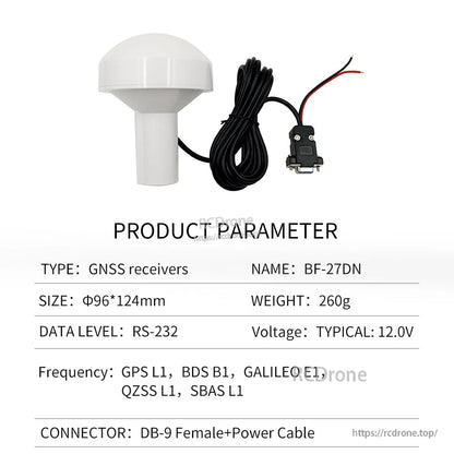 Product parameter table for BF-27DN GNSS receiver with DB9 female and power cable, 12V typical