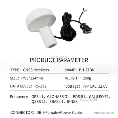 Product parameter table for BH-27DN GNSS receiver with DB9 female and power cable, 12V typical