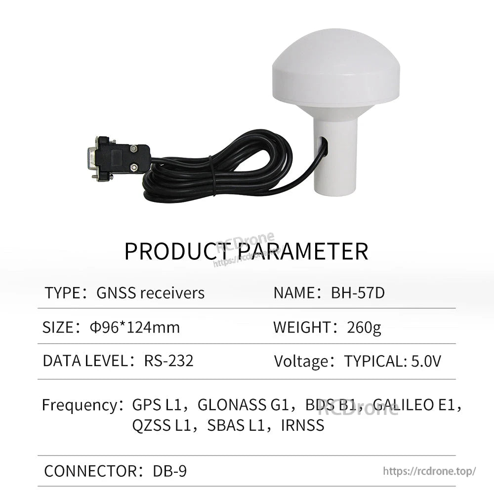 Product parameter table for BH-57D GNSS receiver, RS-232 DB9 connector, 5V typical