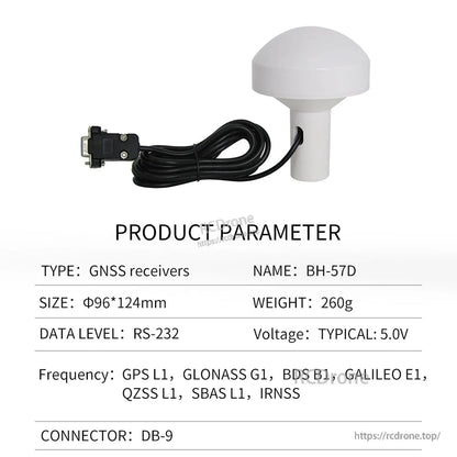Product parameter table for BH-57D GNSS receiver, RS-232 DB9 connector, 5V typical