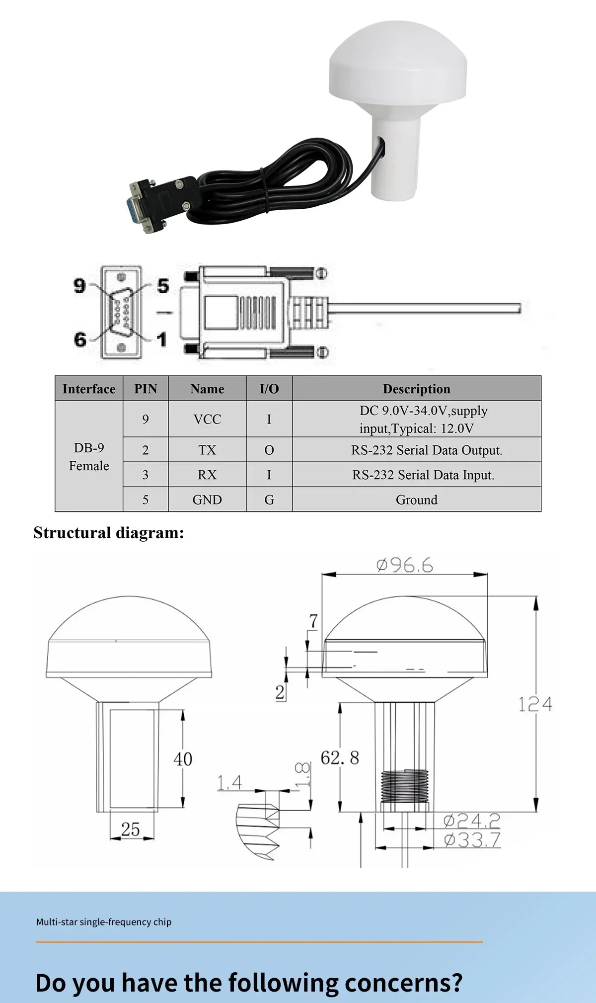 BV-57D DB9 RS-232 pinout (VCC/TX/RX/GND) with structural drawing and overall dimensions
