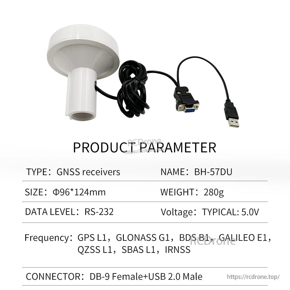Beitian BH-57DU GNSS receiver puck antenna with cable, DB9 RS-232 female connector and USB 2.0 plug