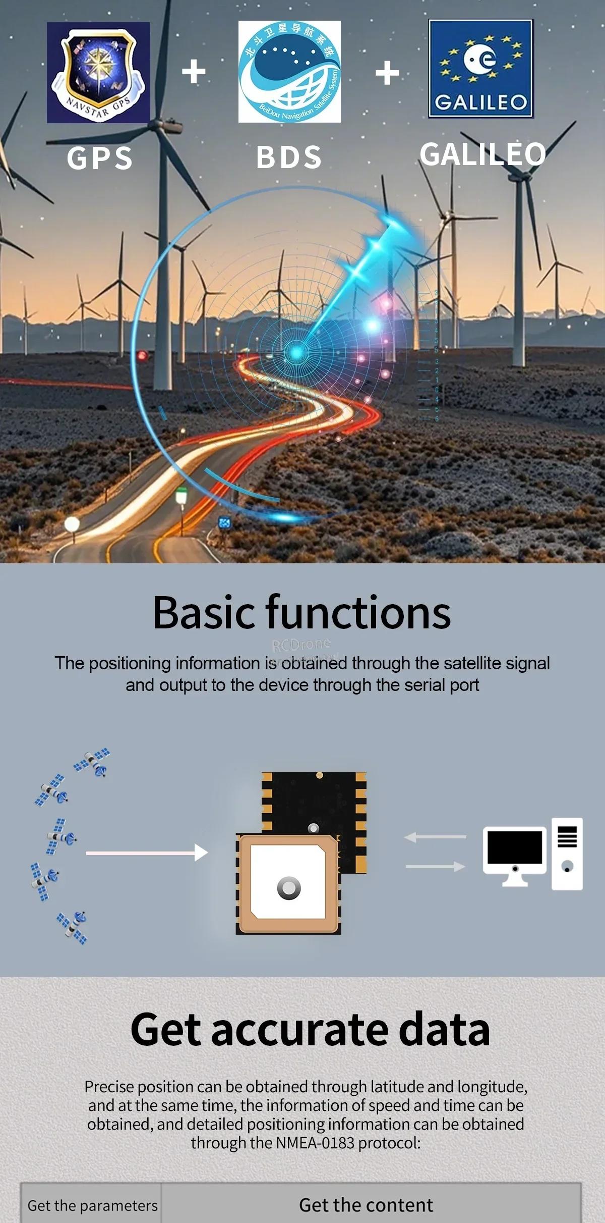 GPS, BDS, and Galileo support for the BE-166 module, shown with satellite positioning concept
