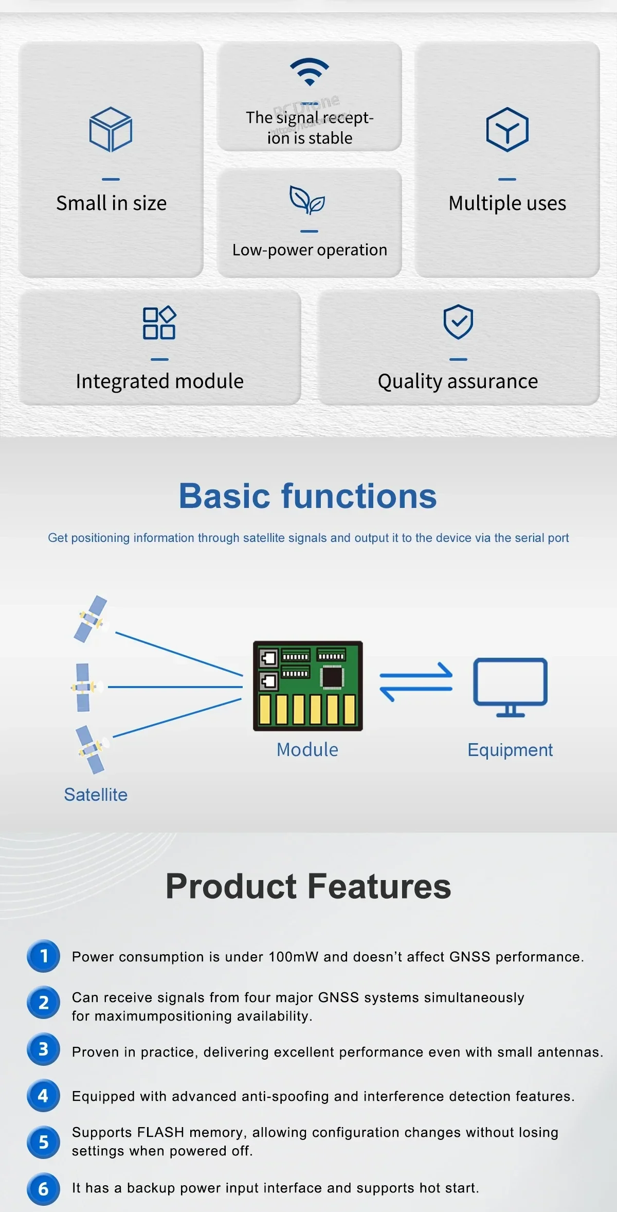 BE-166 module feature overview showing small size, stable signal reception, and low power use