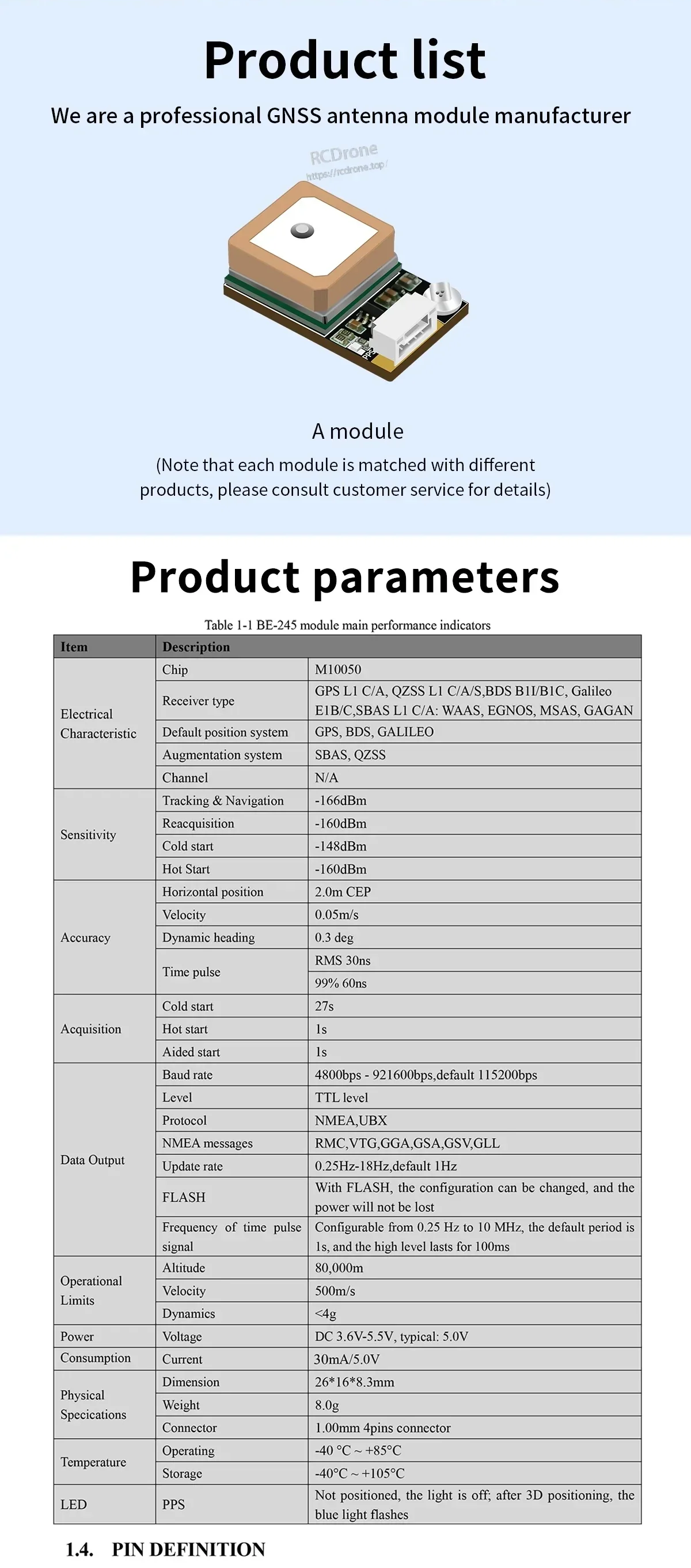 BE-245 product parameters table with module specs, pin definition, and application notes