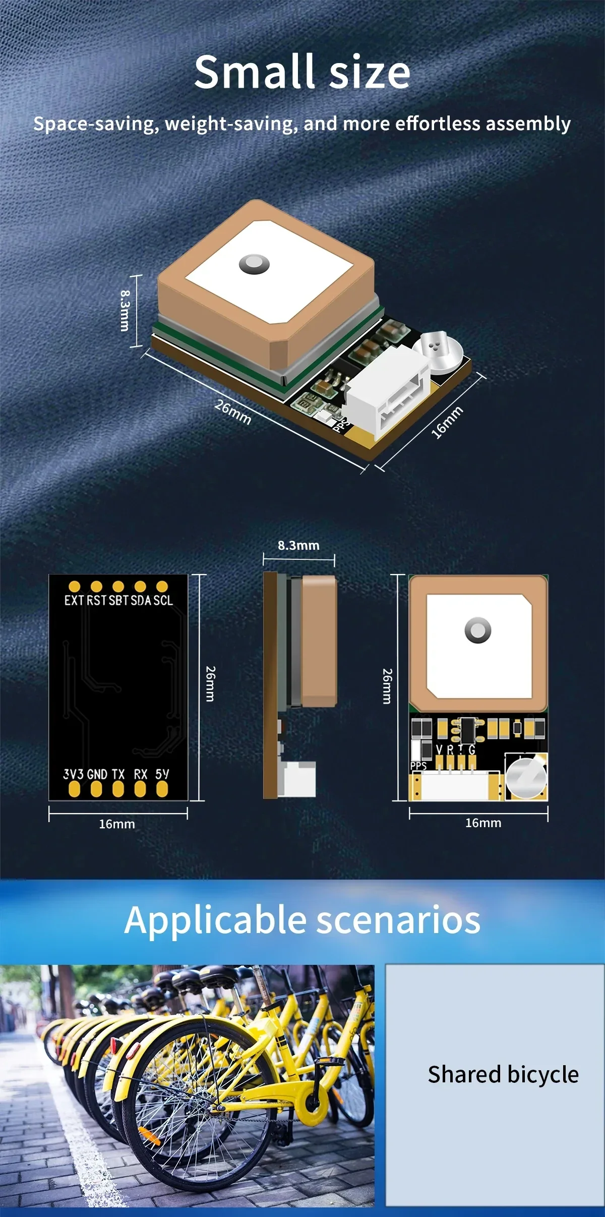 BE-245 compact GNSS module size diagram showing 26 by 16 by 8.3 mm dimensions