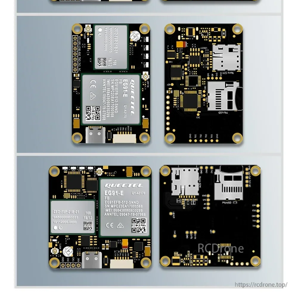 Close-up variants of BG series boards featuring UM982 and ZED-F9P GNSS modules with onboard 4G and TF slot