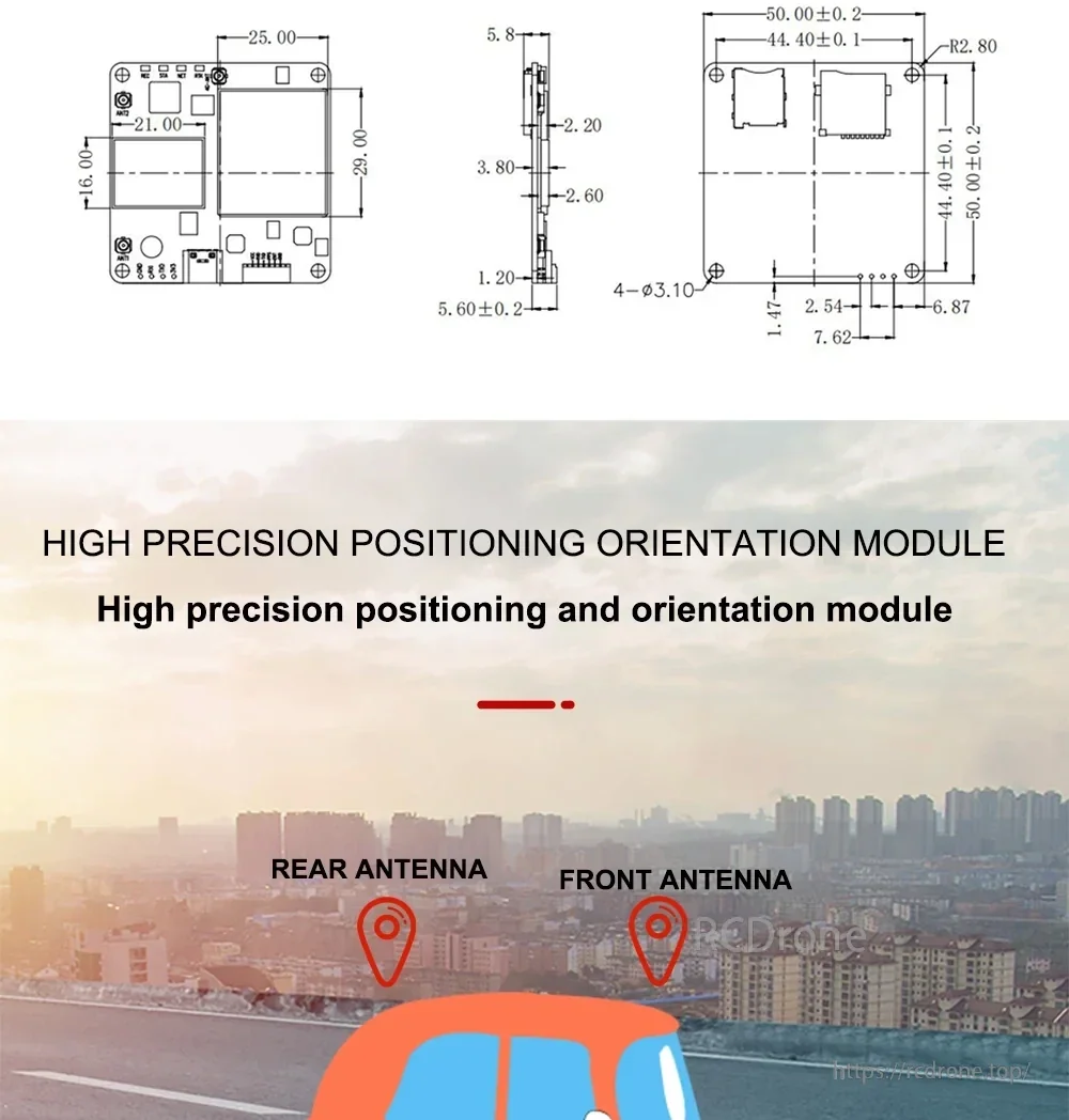 Mechanical drawing with board dimensions and positioning/orientation concept with front and rear antenna layout