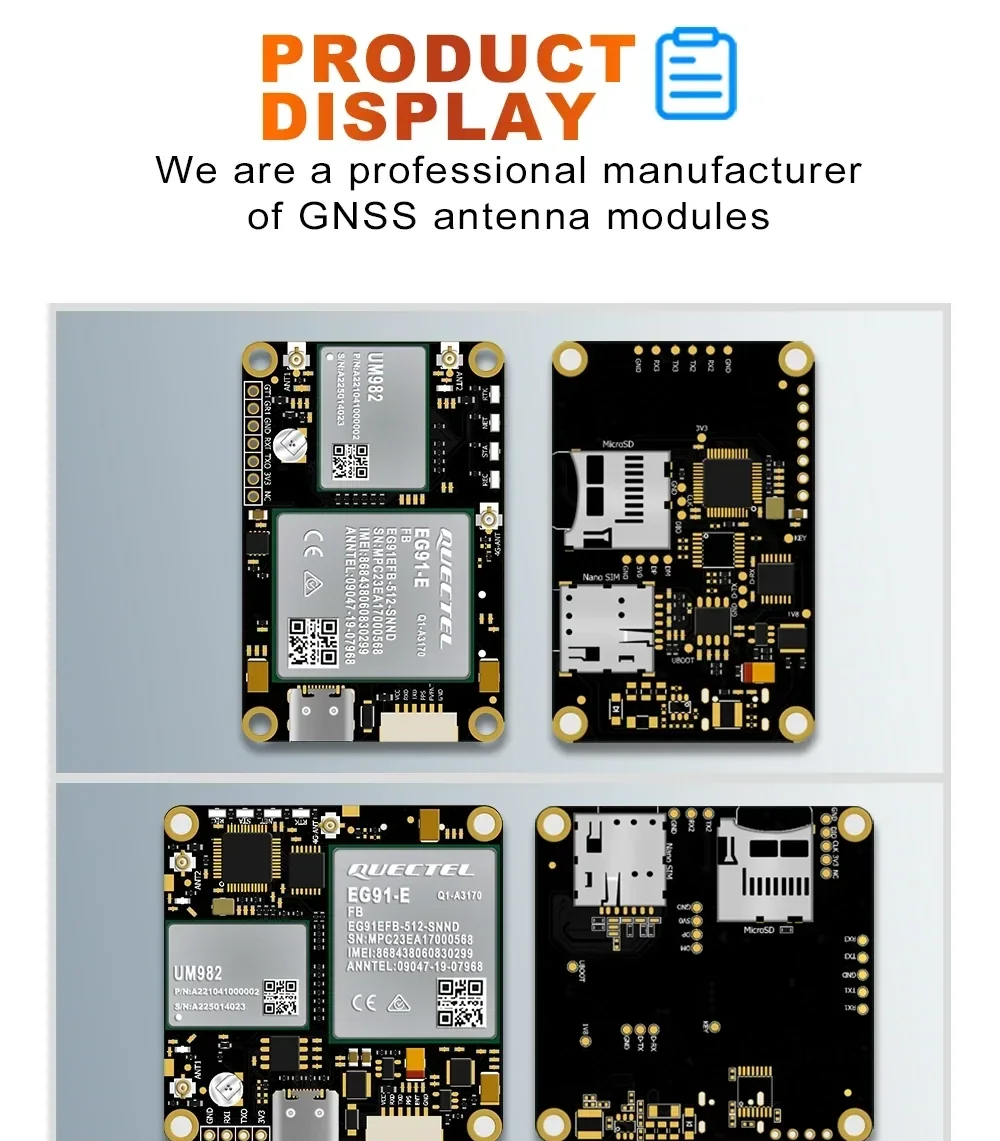 Product display showing front and back views of Beitian 4G RTK GNSS boards with Type-C and TF card slot