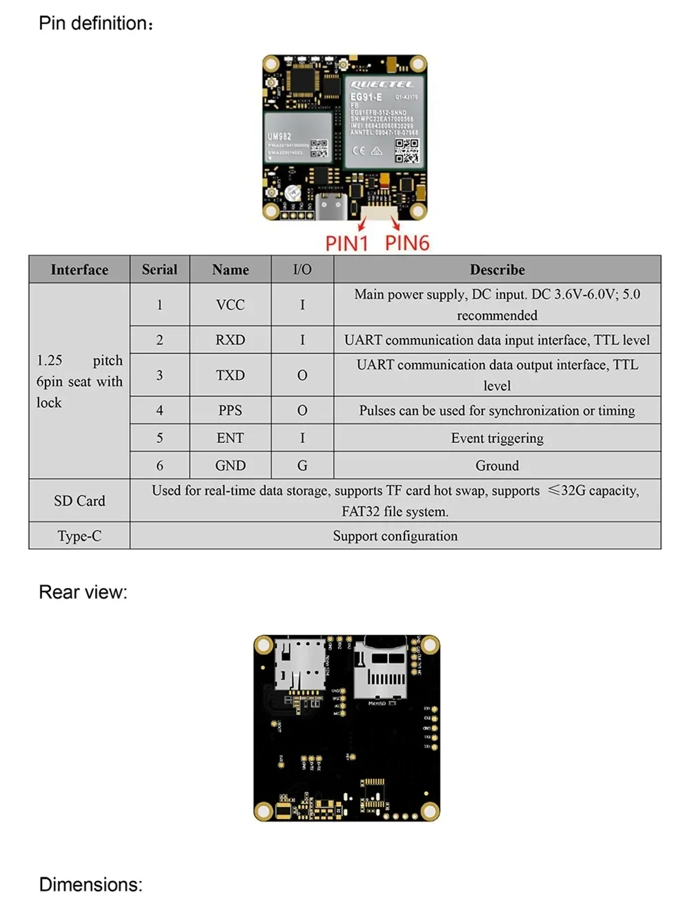 BG series RTK GNSS board pin definition: 1.25mm 6-pin power/UART, TF (microSD) storage, Type-C config
