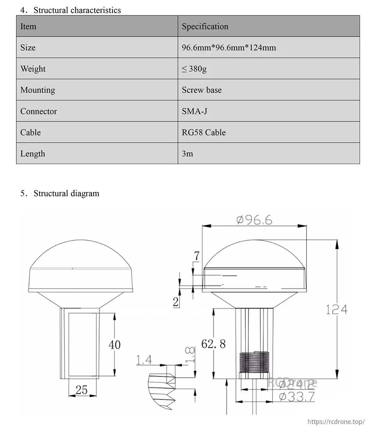 BN-705 structural characteristics table with size, weight, screw base, SMA-J connector, RG58 cable, and 3 m length