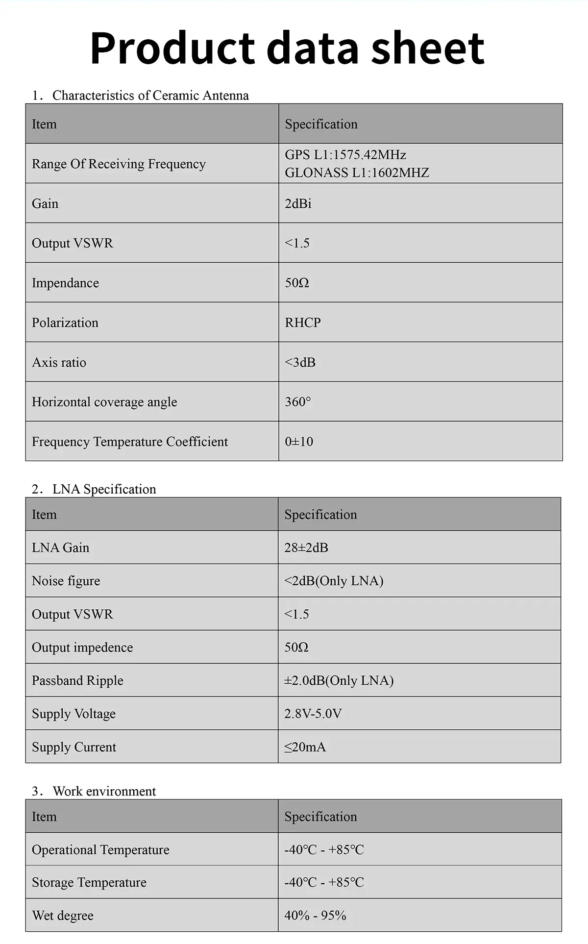 BN-705 product data sheet table listing ceramic antenna specs, LNA specs, and operating temperature range