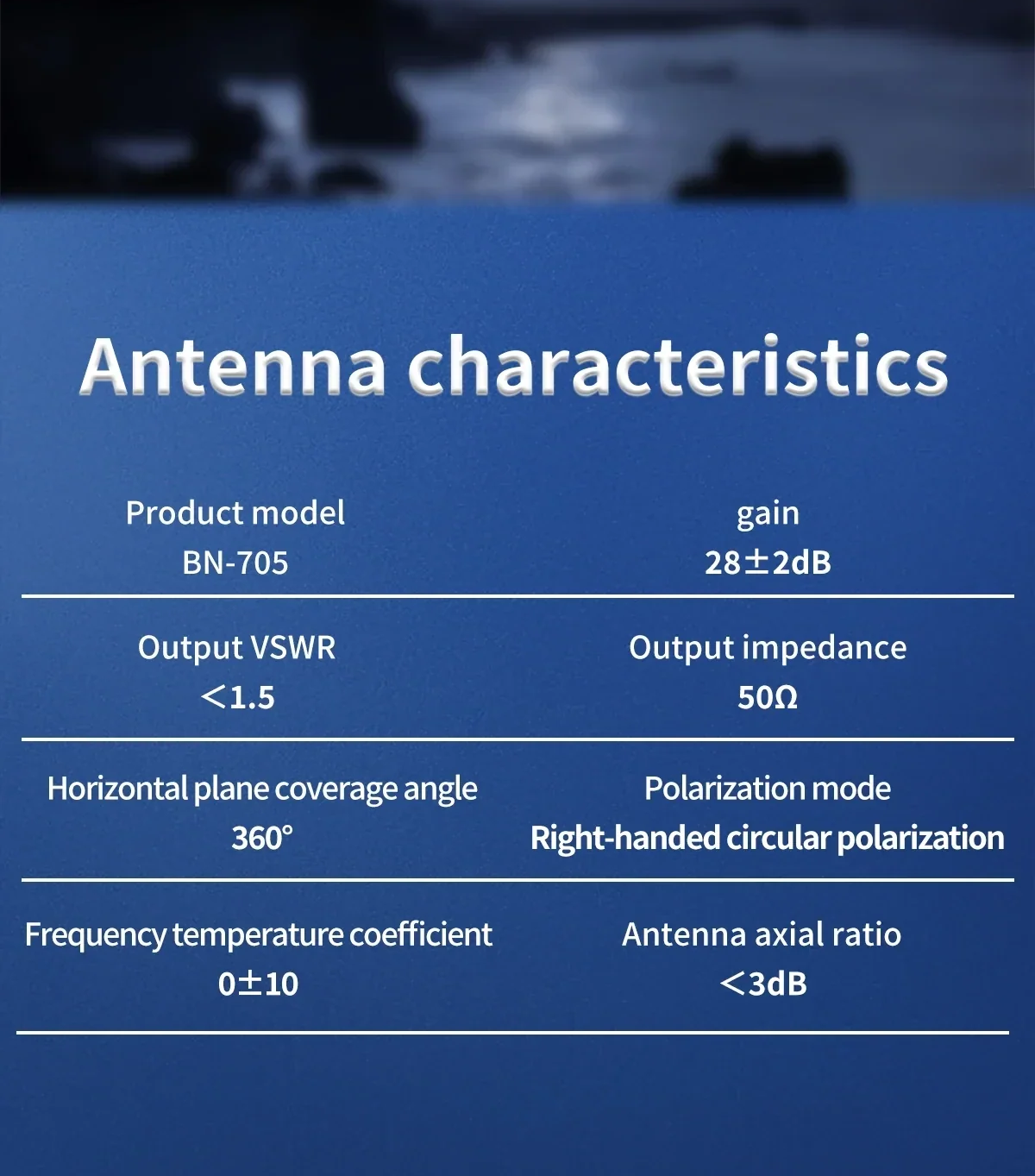 BN-705 antenna characteristics: 28±2 dB LNA gain, VSWR <1.5, 50Ω impedance, RHCP, 360° coverage