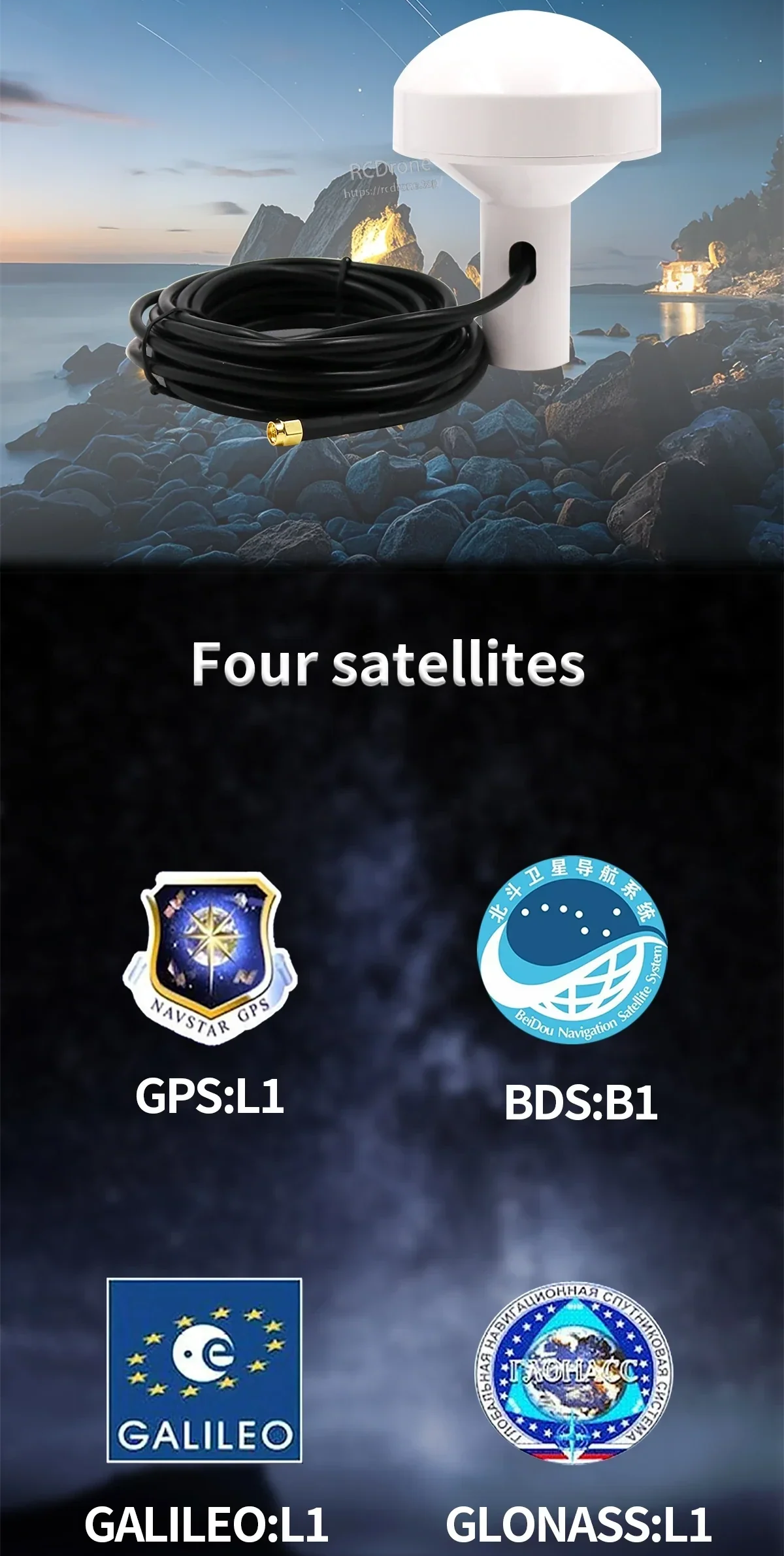 BN-705 GNSS antenna with icons for GPS L1, BDS B1, Galileo L1 and GLONASS L1 satellite systems