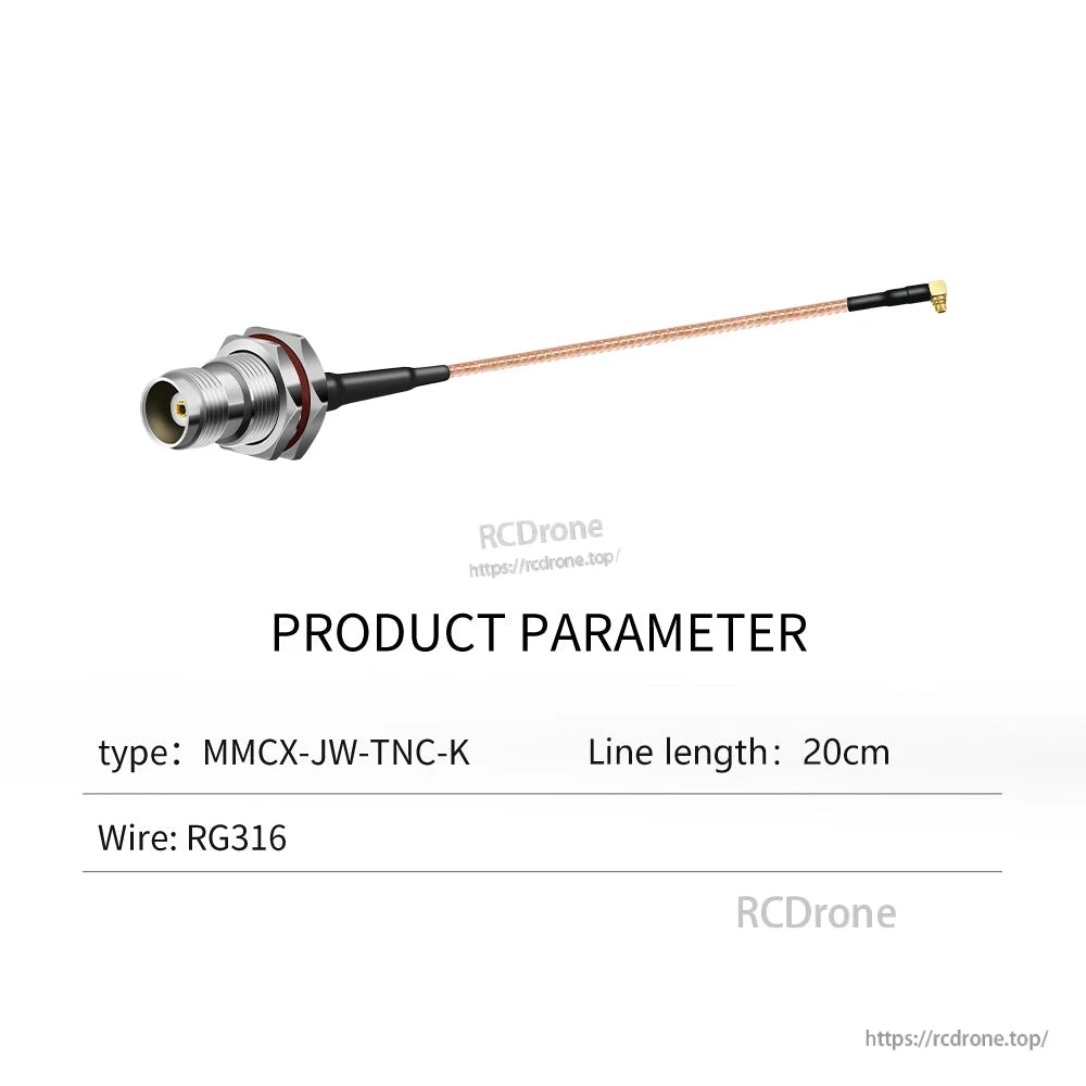 Product parameter table for MMCX-JW-TNC-K cable: 20 cm line length, RG316 wire